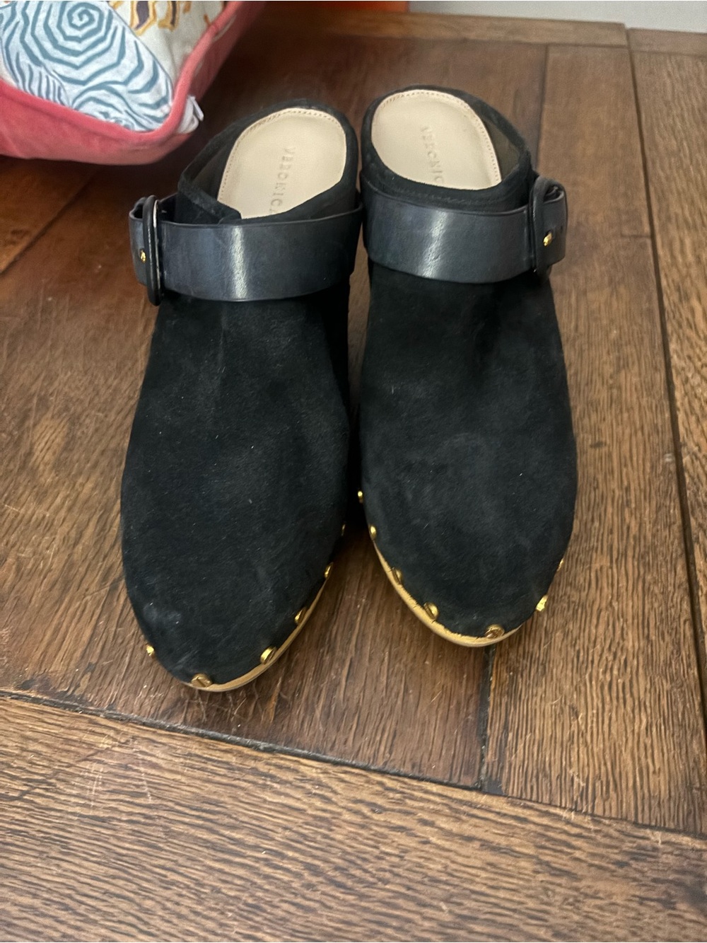 Veronica Beard Black Suede Mule Clogs with Gold Stud Accents